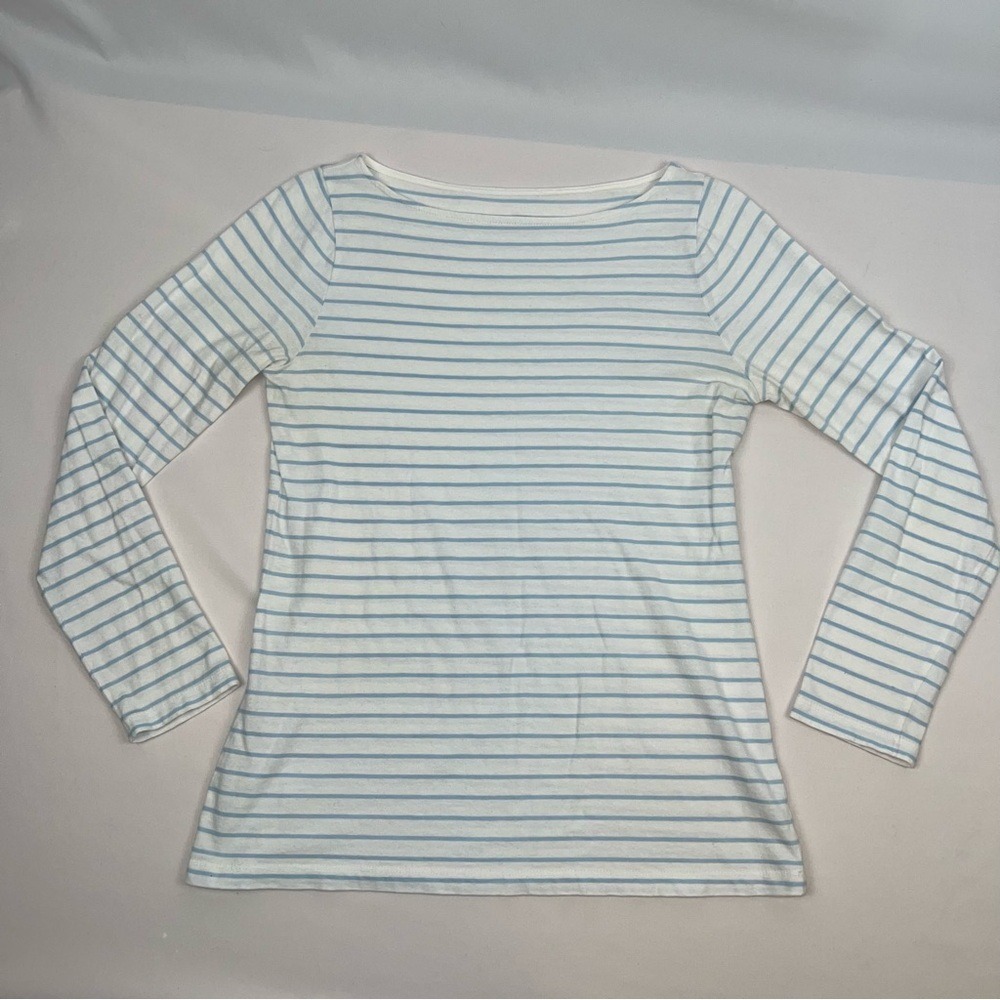 Ann‎ Mashburn Womens Striped Long Sleeve Boat Neck Top Blue White Size Small